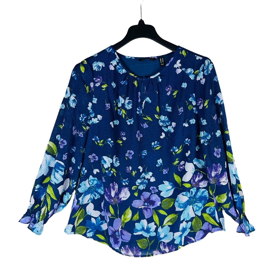 Blusa Blusa Isaac Mizrahi Live Mujer Talla 14 Floral Azul Manga Larga Popover Foto 2 de 4
