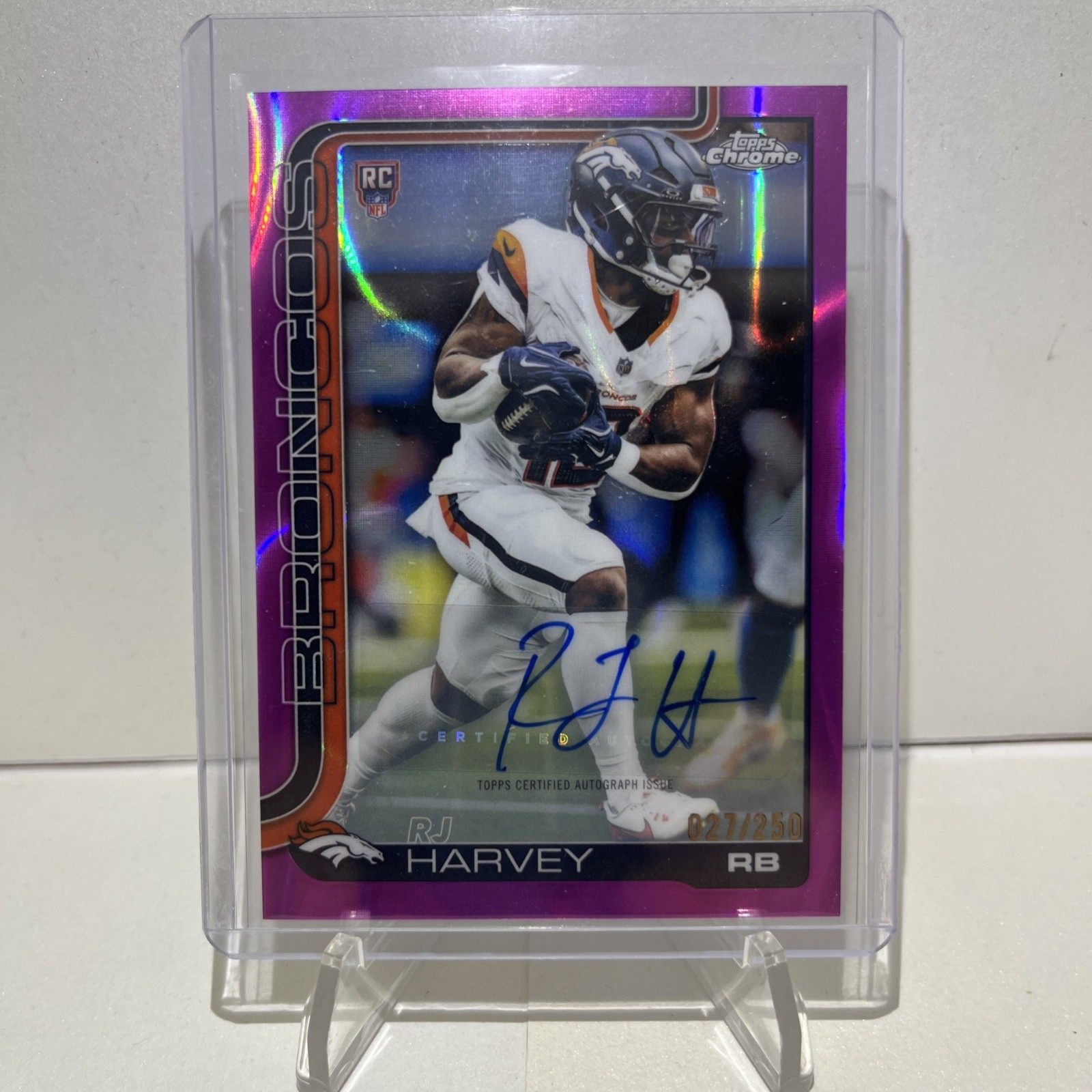 2025 Topps Chrome RJ Harvey RC Auto Pink Refractor /250 #RA-RH Broncos Rookie