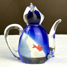 Vtg Dynasty Gallery Blue Teapot Cat Fish Aquarium Art Glass Paperweight Figurine