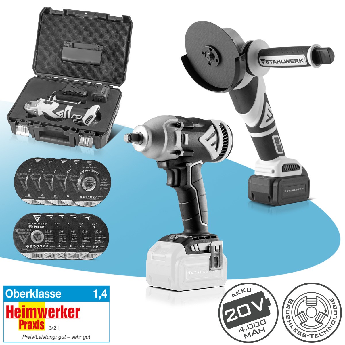 STAHLWERK cordless tool set impact wrench 500Nm angle grinder 7500 rpm