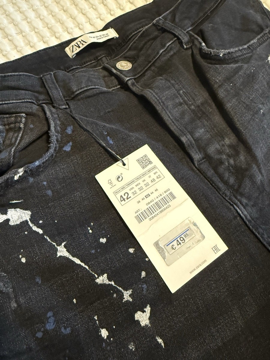 Zara Mens Skinny Fit Sz 32 Paint Splash Jeans Faded Black Ripped