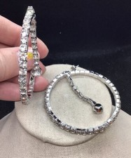 Vintage Silver Tone Very Large Costume Rhinestone Drop Design Hoop Earrings F478