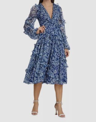 $695 Badgley Mischka Women's Blue Floral Ruffle Midi-Dress Size 0
