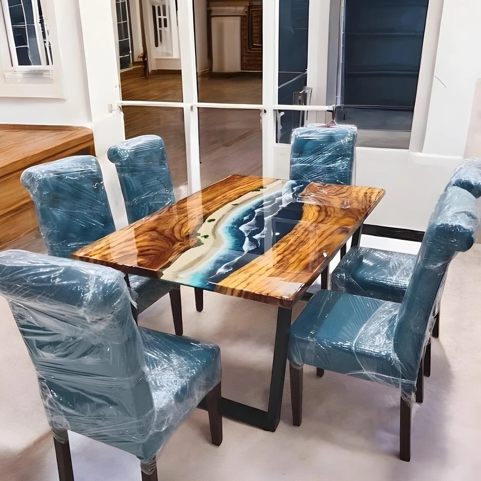 Handmade Epoxy Resin Blue Ocean Wave Dining Table Luxury Reception Counter Desk - Image 3 of 4