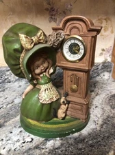 1974 Byron Molds Standing Robin Clock W/ Girl & Cat Figurine