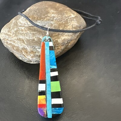 Santo Domingo Turquoise Spiny Adjustable Cord Necklace Inlay Pendant 3  18476