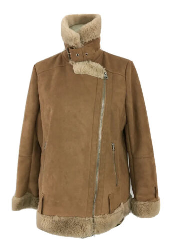 TOPSHOP COAT JACKET 6 BROWN FAUX Suede Fur Lined Tied High Collar Zipped Midi - Picture 1 of 16