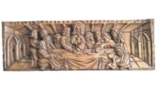 LARGE VINTAGE CARVED WOOD LAST SUPPER PRIESTS ALTAR CHURCH WALL PLAQUE