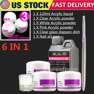 Professional 6 IN 1 Acrylic Liquid &Powder Nail Art Kit Pen Glass