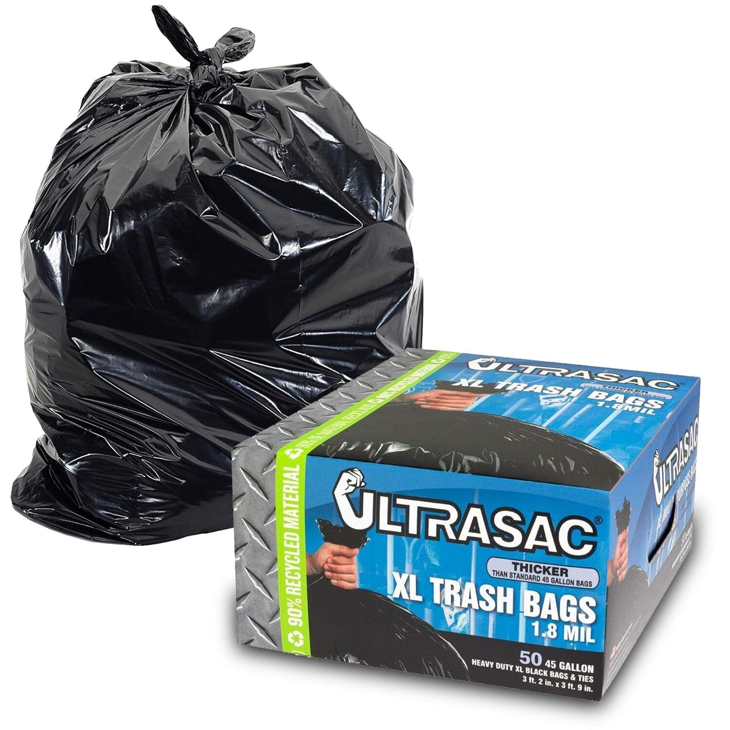 Ultrasac Heavy Duty 45 Gallon Trash Bags Huge 50 Count/w Ties) - 1.8 MIL - 38...