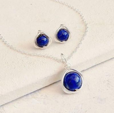 Lapislazuli Halskette Ohrringe Silber Handarbeit September Geburtsstein Geschenk verpackt