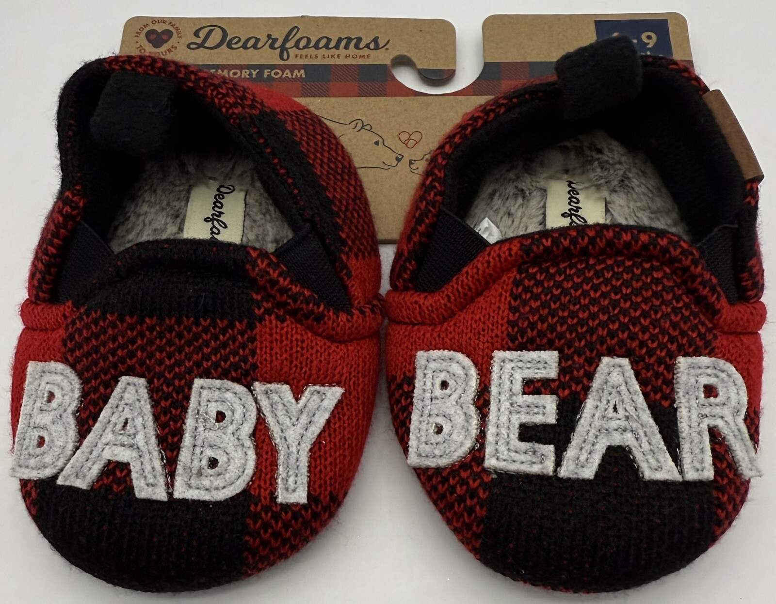 Baby Bear Embroidered Buffalo Plaid Dearfoams Baby Slippers - Size 6-9 months