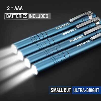 Torce LED Blu Set 4 Torce LED WORKPRO Portatili In Alluminio - Tascabili, Con Batterie AAA Incluse Penna Led