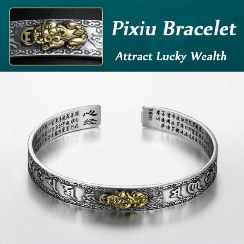 Silver Lucky Feng Shui Pixiu Bracelet Attract Wealth Cuff Bangle Jewelry Gift - Photo 1 sur 10