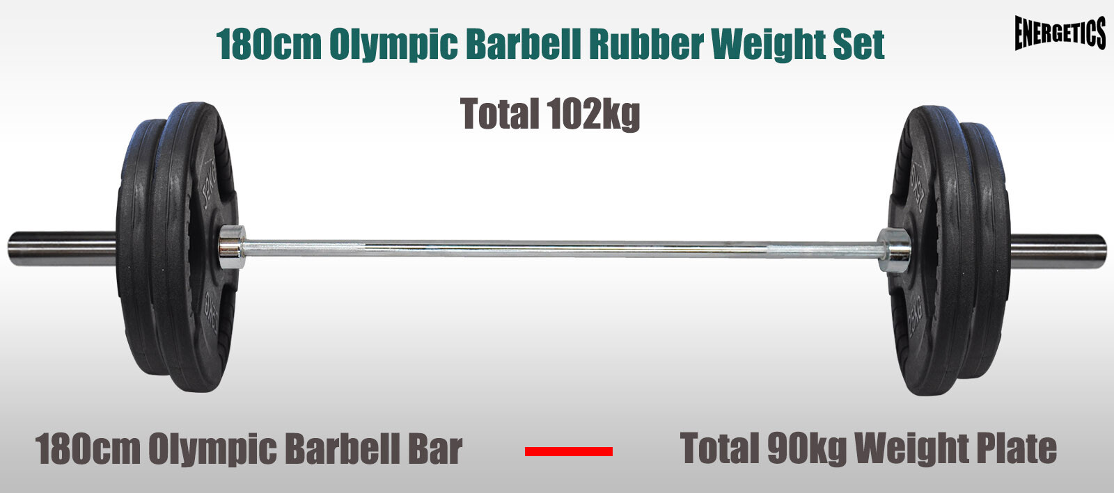Total 102kg 180cm Olympic Barbell Weight Set Rubber Coated Weight