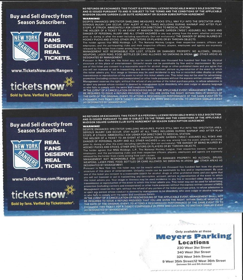 NEW YORK RANGERS - 1/31/2013 vs Pittsburgh Penguins - Game Tickets | eBay