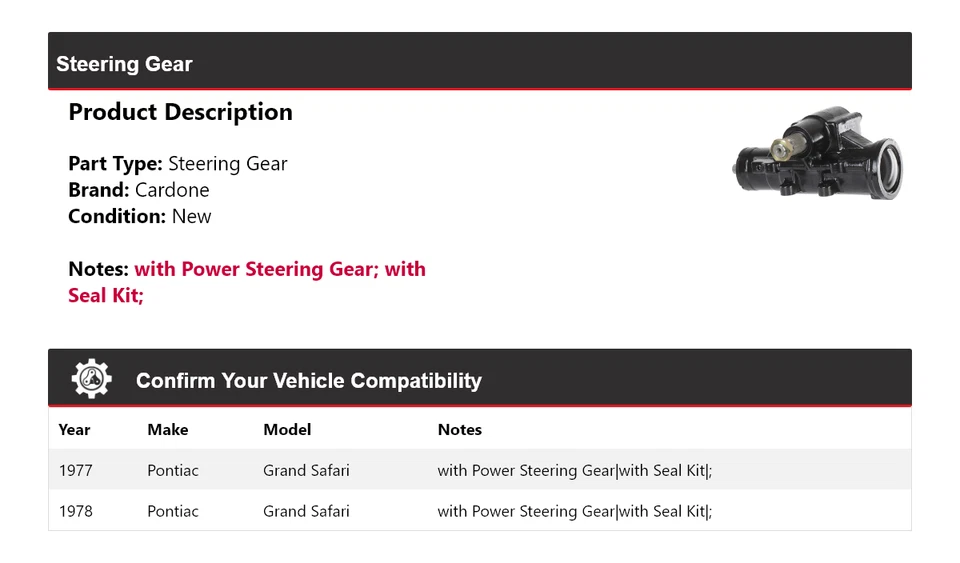 Engranaje de dirección Cardone para Pontiac Grand Safari 1977-1978 Foto 2 de 4