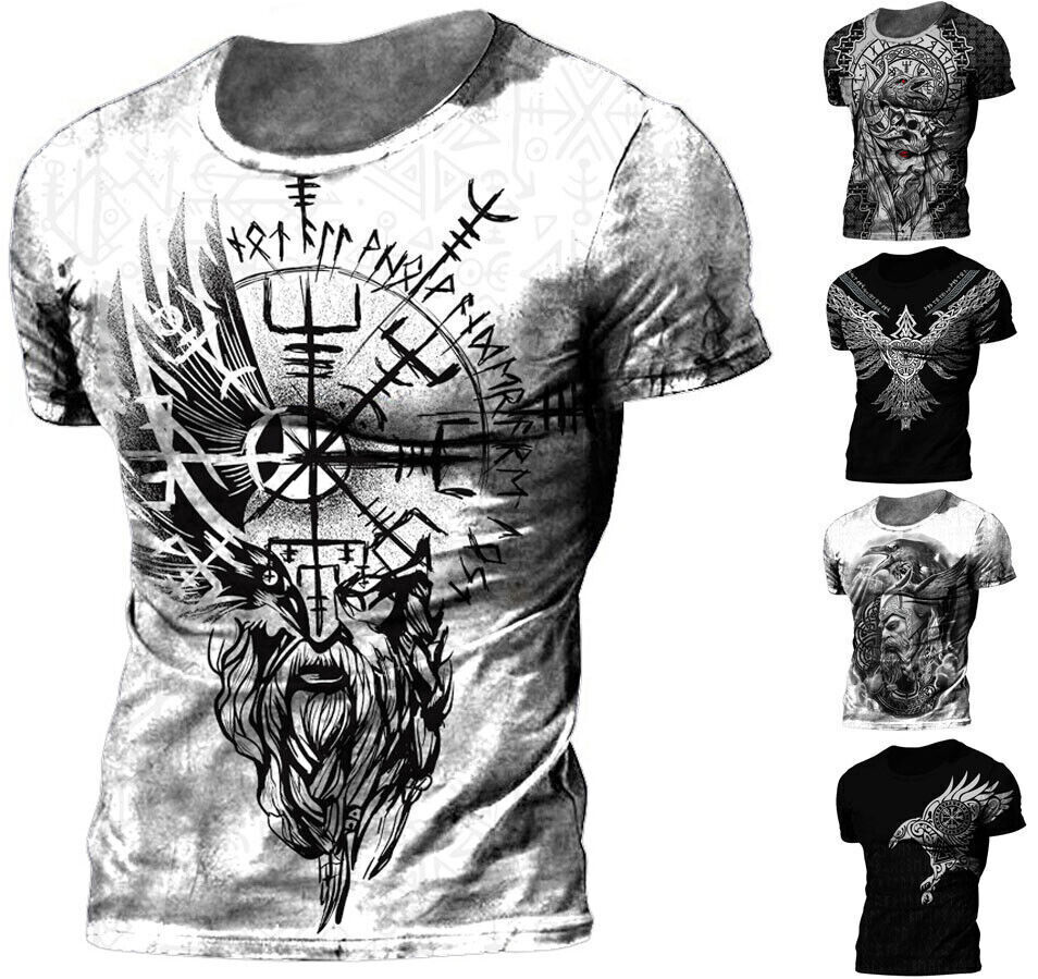 Retro Viking Design Graphic T-Shirt Mens O Neck Short Sleeve Tee Top