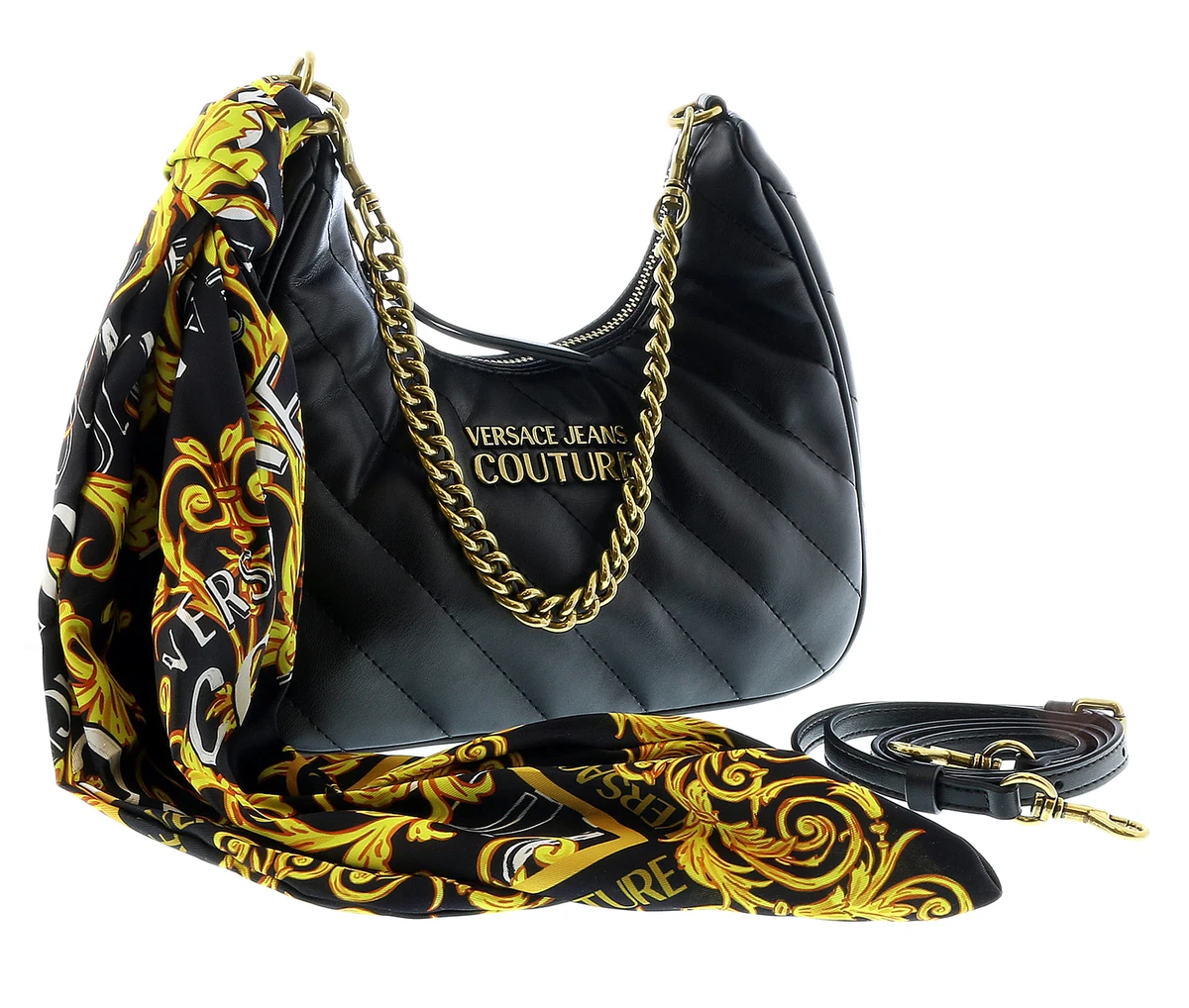 Versace Jeans Couture Black Medium Scarf Embellished Quilted Hobo