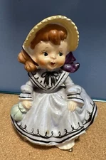 Vintage 6" ARTMARK GIrl Planter Hand-painted Purple Bow Blue Dress Yellow Bonnet