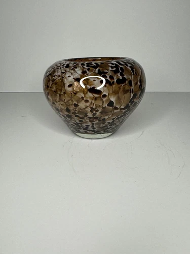 Vintage Murano Style Tortoise Shell Brown And Gold Fleck Blown Glass Vase 3.5”