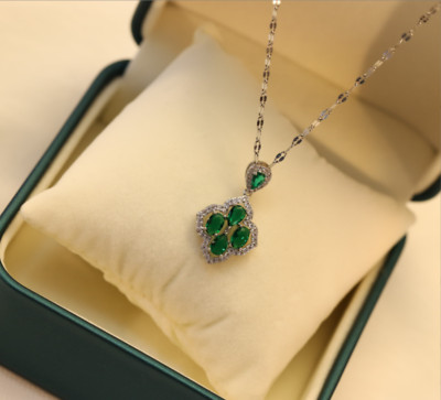 Silver Flower Lucky Clover Pave Cubic Zirconia Green Pendant Chain Necklace