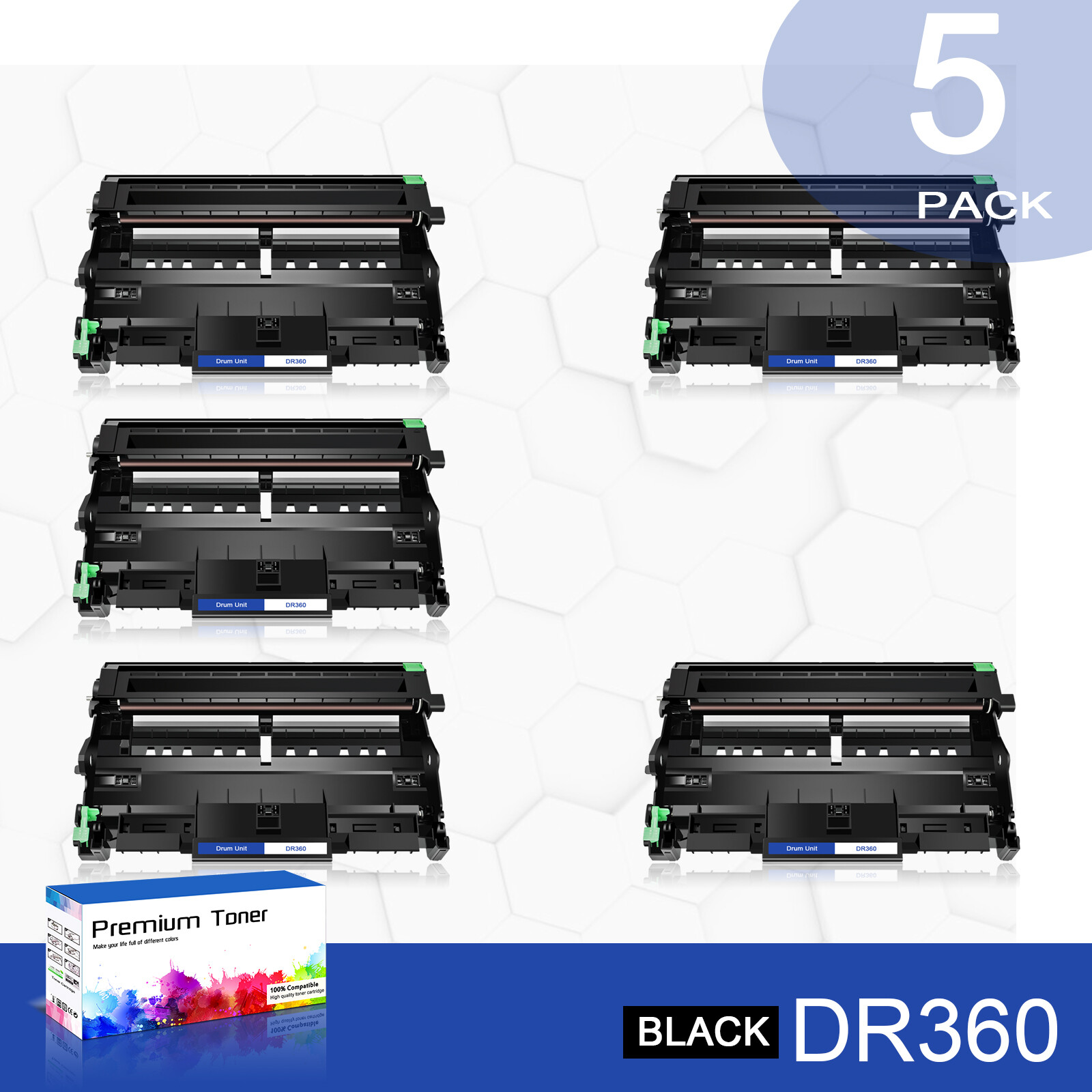 5PK DR360 Drum Unit with Brother TN360 HL-2140 2170W MFC-7340 7840W High Yield