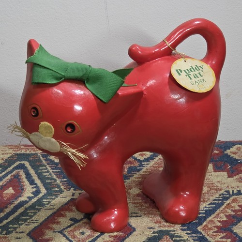 Rare 1950s Vintage Japan Puddy Tat Cat Bank w/Tag & Bow, Red Papier-Mâché