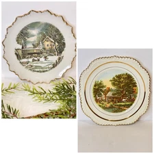 VTG Currier and Ives | Set of Two Seasonal Plates | Winter & Fall Collector