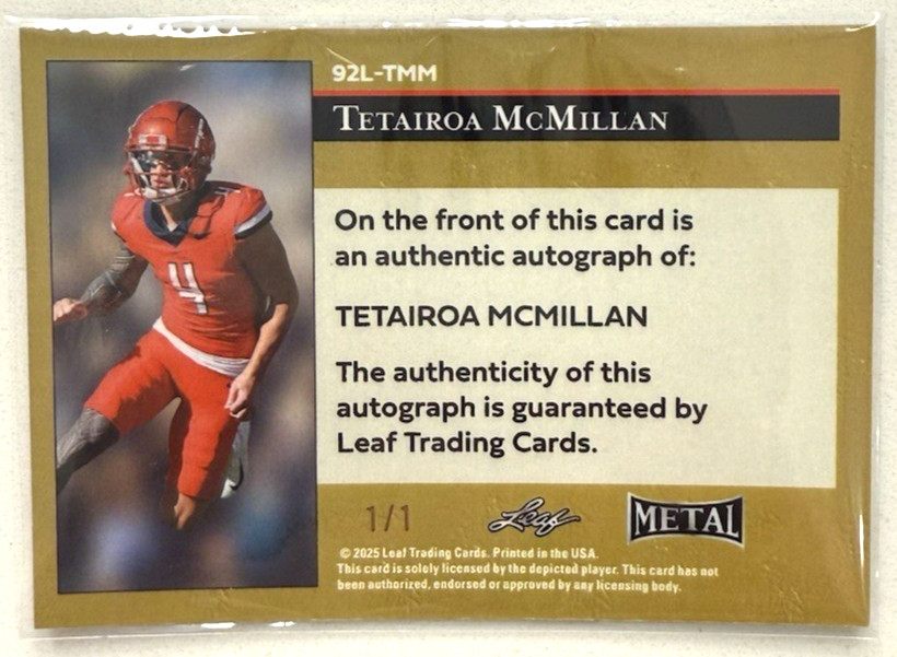 2025 Leaf Metal Football 92 Leaf LGR Galaxy Prismatic Auto 1/1 Tetairoa McMillan view 2