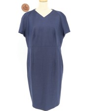 Hugo Boss Wool Deitua Navy Blue Sheath Dress V-neck Short Sleeve Lined Size 14