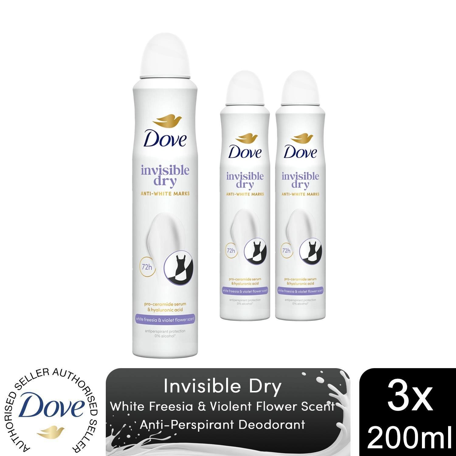 3x Dove Advanced Care Antiperspirant Deodorant Spray 72H Invisible Dry, 200 ml