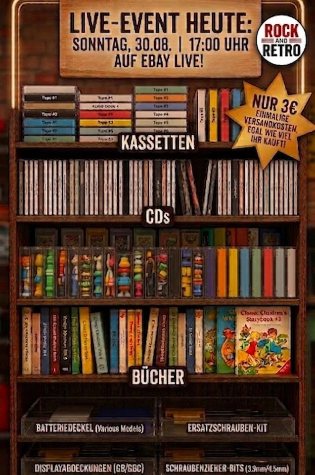Live-Event: Kassetten, CD's, Bücher, Gameboy Ersatzteile