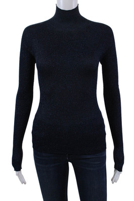 Lanvin Womens Long Sleeve Mock Neck Metallic Knit Top Dark Blue Size Small
