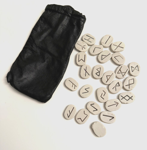 Vintage Set of 25 Pieces Rune Stones for Divination w/Leather Bag READ