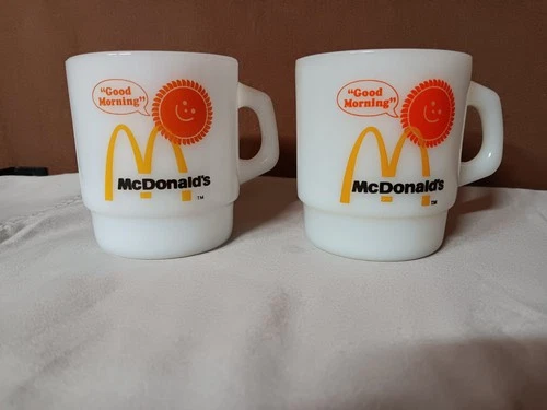 2 Vintage 1970s-1980s Anchor Hocking Fire King Milk glass McDonald’s Coffee Mugs