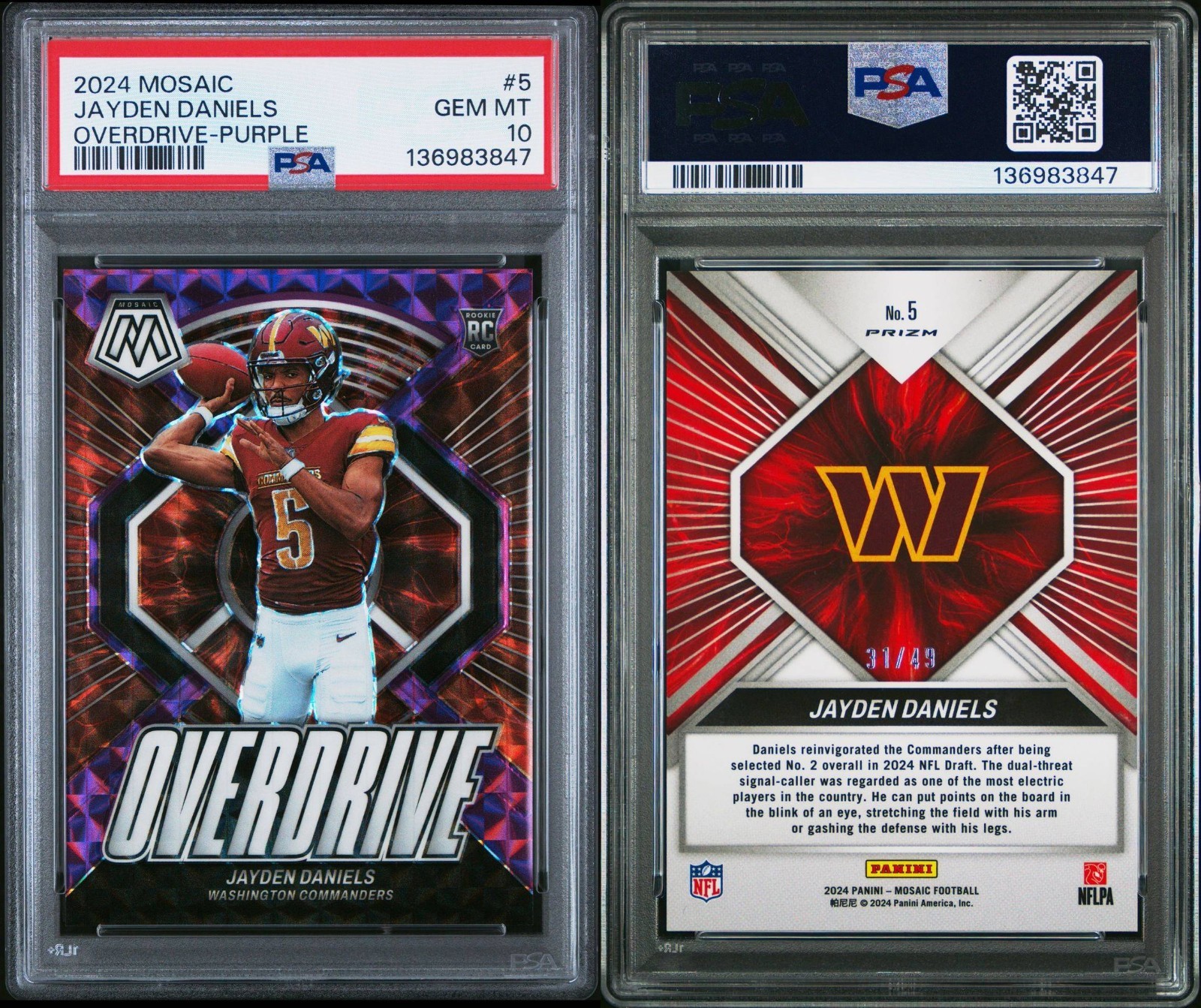 2024 Panini Mosaic Overdrive Jayden Daniels Purple Mosaic Prizm /49 (RC) PSA 10