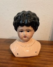 Antique Vintage German Porcelain China Girl Doll Head, Black Hair - 6.5"