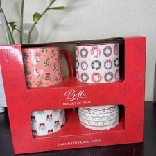 NEW 10 Strawberry Street Pink Holiday Bows & Wreaths Boxed Set of 4 Mugs