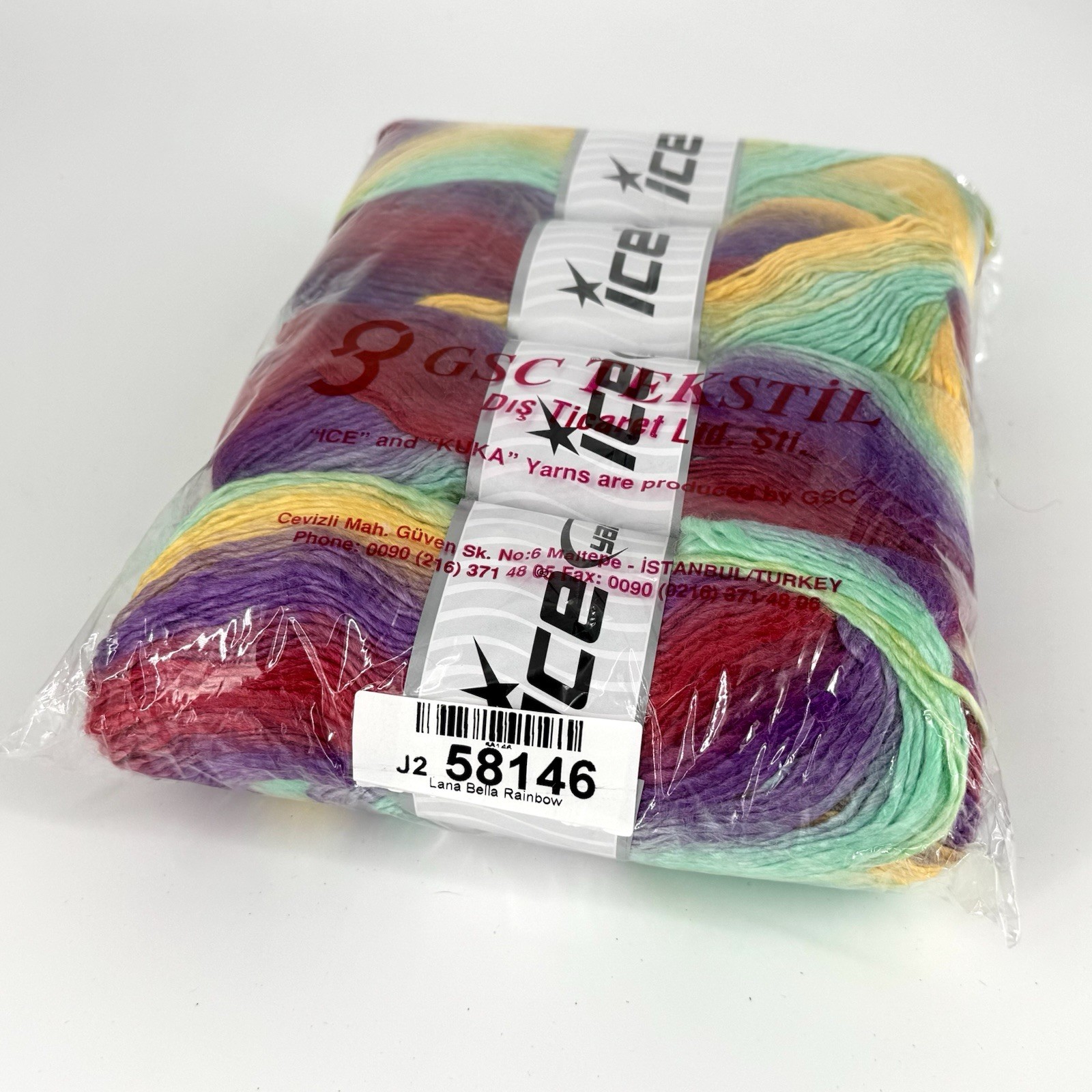 Ice Yarns Lana Bella - Color RAINBOW 58146 - 4 Skeins Factory Sealed. DESTASH