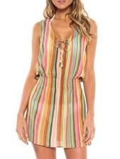BECCA Rebecca Virtue NWT Smocked Dress S Multi Stripe Swim Cover Up Sleeveless
