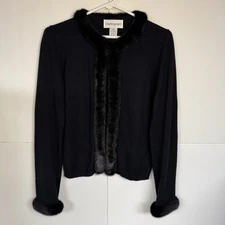Vintage Bloomingdale’s Cardigan PM Black Silk & Cashmere Mink Fur Trim Y2K