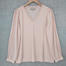 LOFT Blouse Womens Medium Pink Long Sleeve V Neck Lace Trim Work Top Lightweight