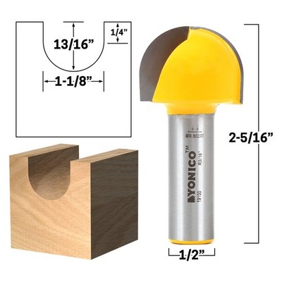 1-1/8'' Diameter Core Box Router Bit - 1/2'' Shank - Yonico 19100