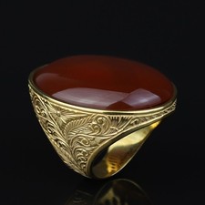 Mens Carnelian Ring 18K Gold Plated 925 Sterl...