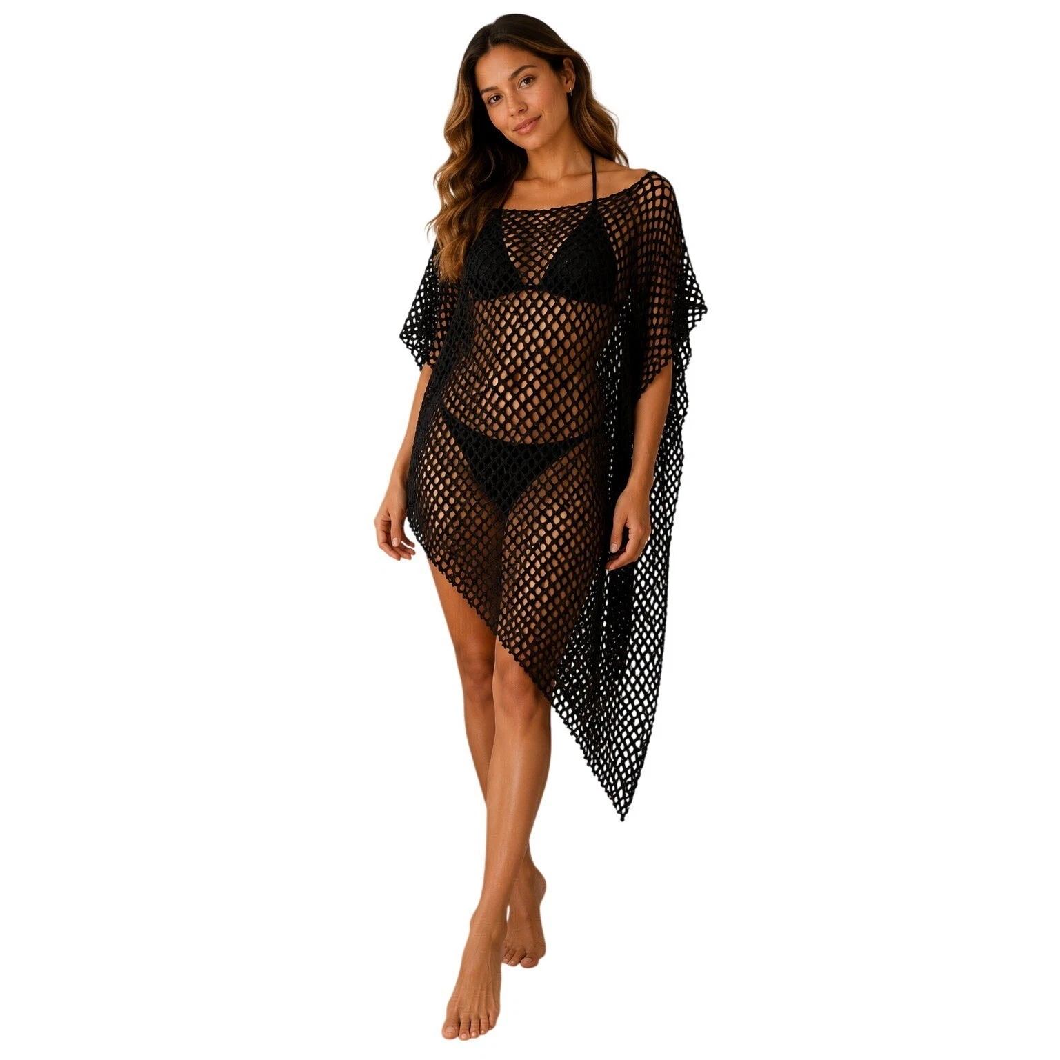 Boho Open Knit Mesh Poncho Women OS Black Asymmetrical Fishnet Knit Cover Up Top