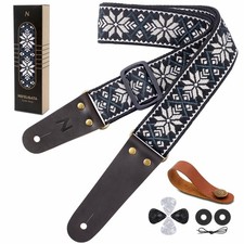 Guitar Strap, Vintage Embroidered Cotton Guitar Straps with Head Cowhide Leat...
