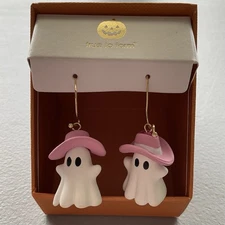 True To Form Cowgirl Pink Hat Ghost Dangle Earrings Halloween Costume Jewelry