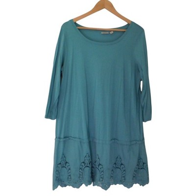 Weekend Suzanne Betro Tunic Top Womens 1X Teal Pockets Boho 3/4 Sleeve