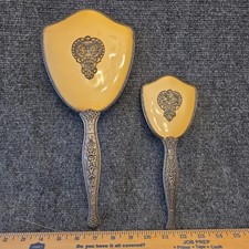 Vintage Vanity Hand Mirror Brush Set Of 2 Ornate Silver Tone Yellow Floral Decor